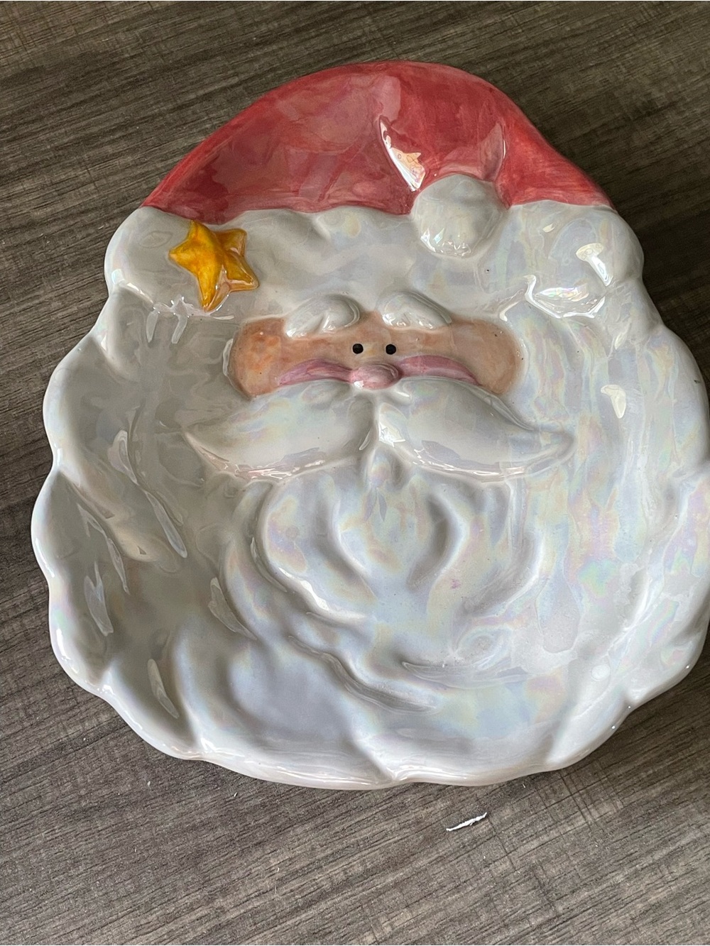 Vintage Iridescent Ceramic Santa Claus Face Dish – Christmas Candy Plate Trinket